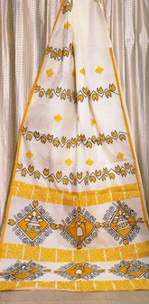 Saree_bengal_handloom_taant_applique_hand painting_yellow_white_festive_S10722 - Saree - Aakritee - S10722